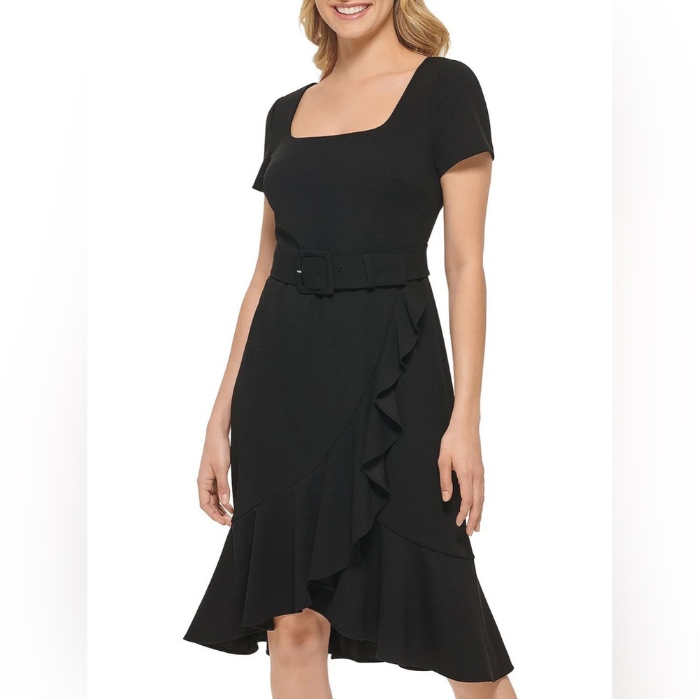Karl Lagerfeld Black Ruffle Scuba crepe knit belted midi Dress 12